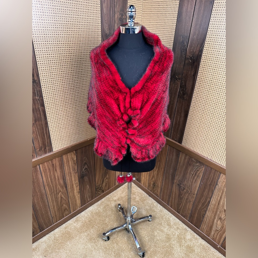 GENUINE DYED RED KNIT KNITTED MINK FUR SHAWL STOLE SCARF WRAP OS ONE SIZE